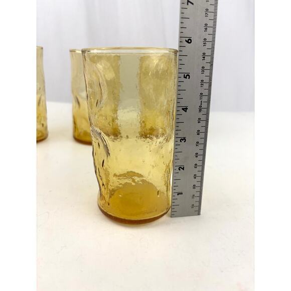 VTG Honey Amber Dimpled Glass Tumblers Pinched Yellow MCM Set of 4 - Picture 9 of 14